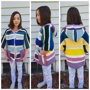 Afghan blanket coat Girls L wide stripes hooded upcycled handmade